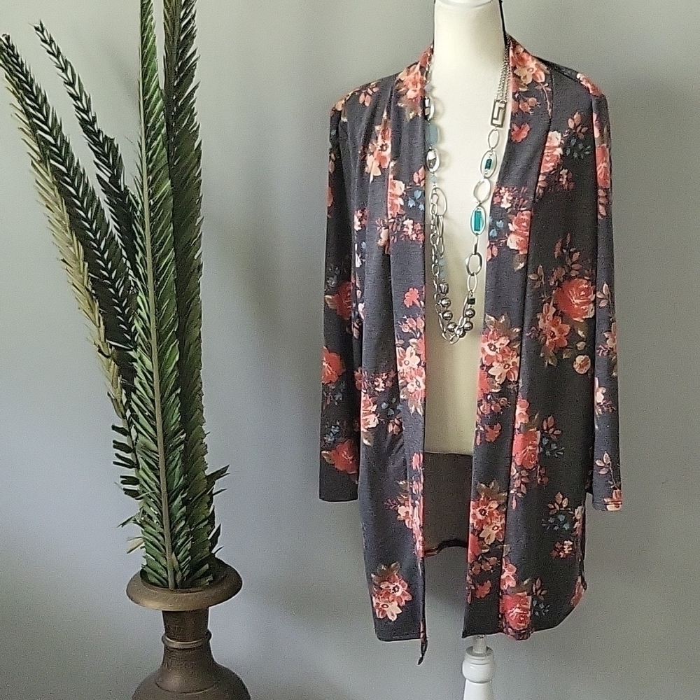 MOA Collection gray cardigan with coral & turquoise floral print-RUNS SMALL